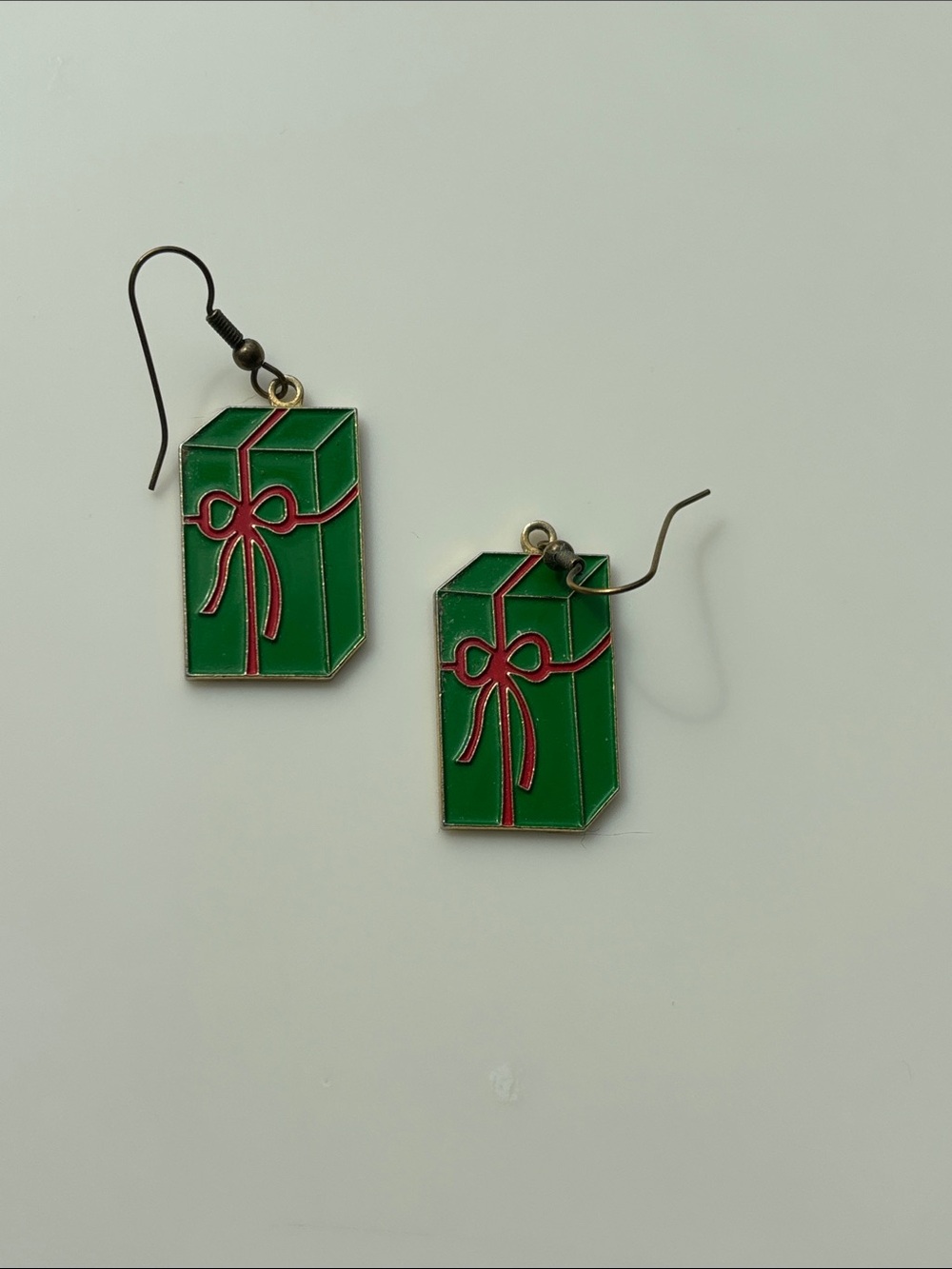 Nordstrom Christmas Green Gift Box Dangle Earrings with Red Bow Accents